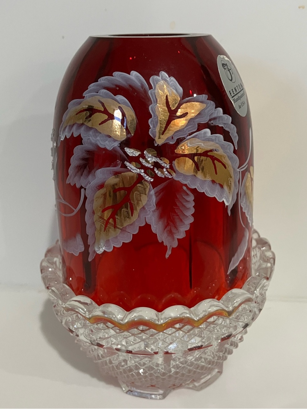 Fenton Glass Fairy Lamp  Red - Floral design w Gold frit